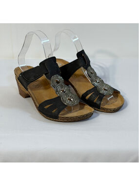 Jana Gun Metal Embellished Wedge Sandals Women's 8.5 EU 39 Black Leather Comfort